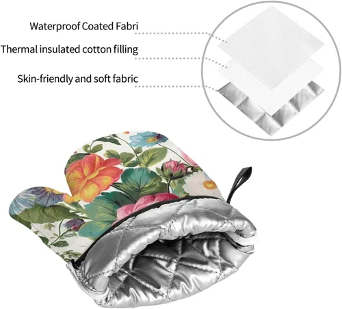 Vista 5 de Juego de guantes de horno y soportes para ollas con estampado floral de jardín, resistentes al calor, antideslizantes, guantes de cocina, 4