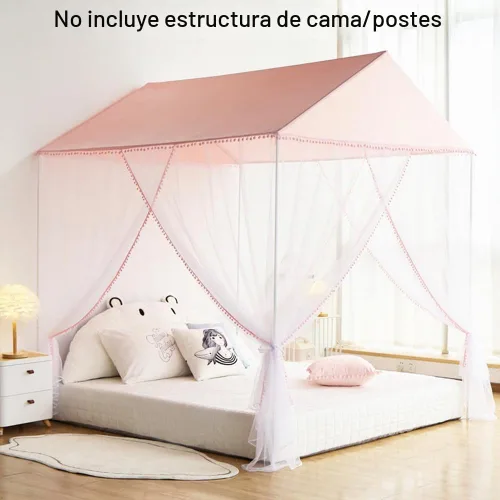 Vista 5 de Akiky Mosquitera para niñas con castillo de princesa pompón para interiores y exteriores, red para cama para niños, no incluye postes de cama Rosa