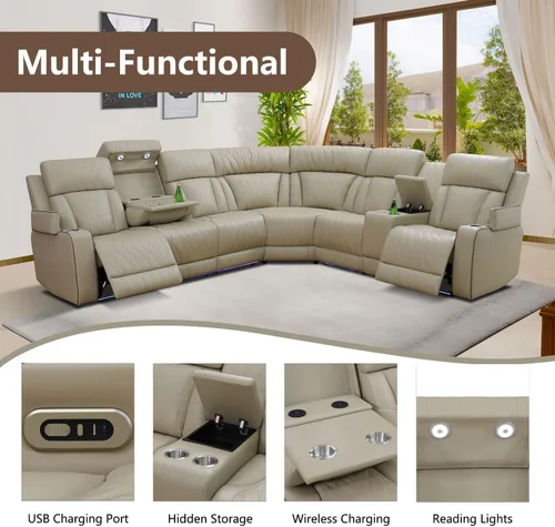 Vista 3 de Sofá seccional de cuero transpirable con sillón reclinable de doble potencia, sofá reclinable en forma de L de 6 plazas para sala de estar, sofá