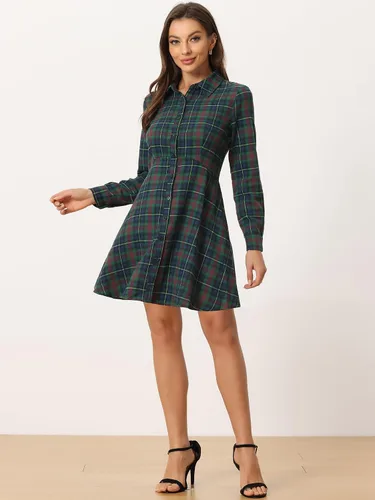 Vista 2 de Allegra K Vestido camisero acampanado de algodón con botones para mujer