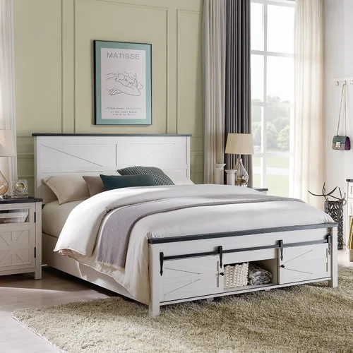 Vista 3 de JXQTLINGMU Marco de Cama de Madera Estilo Granja Tamaño Queen con Armarios de Almacenamiento con Puertas Corredizas de Granero y Cabecero, Soporte