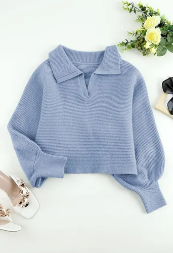 Vista 5 de Meenew Suéter corto de manga farol para mujer, cuello en V, cuello de solapa