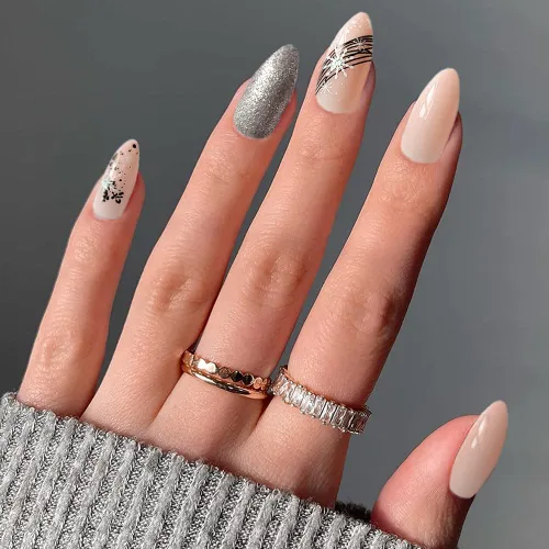 Vista 6 de Uñas postizas a presión con copos de nieve, uñas postizas brillantes de almendra, pegamento de Navidad nude para uñas a presión con copos de nieve