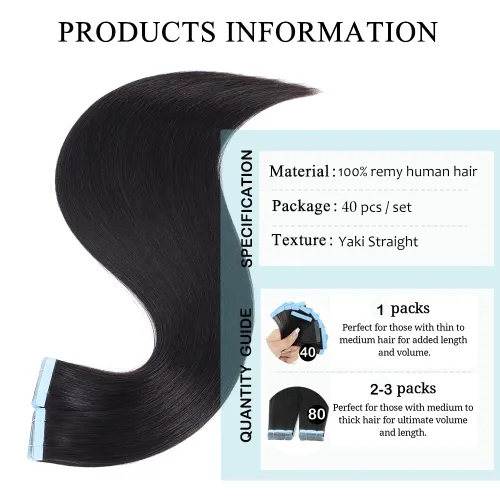Vista 3 de 40 extensiones de cabello humano con cinta, extensiones de cabello humano lacio Yaki para mujer, extensiones de cabello humano real sin costuras
