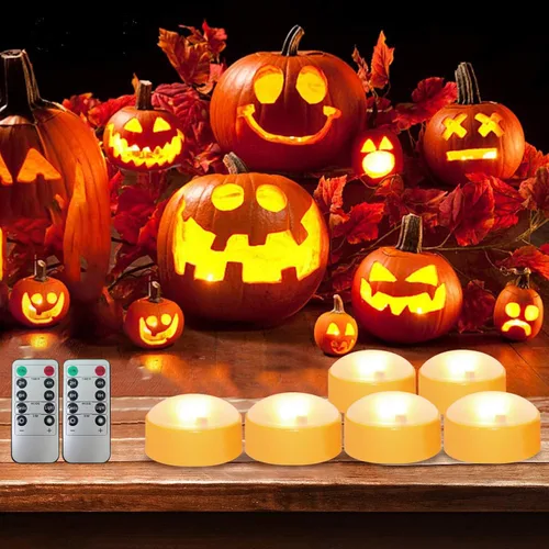 Vista 3 de Magiq Paquete de 6 luces LED de calabaza de Halloween con control remoto y temporizador, color naranja, parpadeante, funciona con pilas, velas