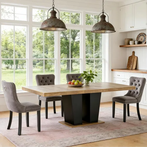 Vista 69 de Mesa de comedor extensible de 78.74 pulgadas para 6 8 y 10 pulgadas, moderna mesa de comedor extensible de granja con base de doble pedestal, mesa