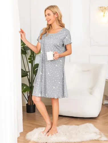 Vista 5 de Roojaa Camisón de manga corta para mujer, con cuello redondo, con volantes, cómodo camisón