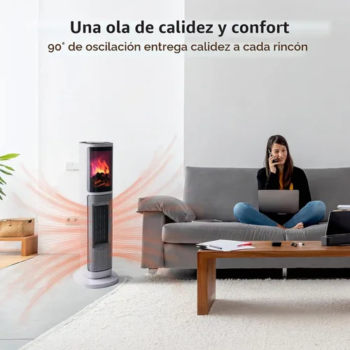 Vista 6 de Comfort Zone Calentador de espacio de torre de 25 pulgadas con efecto de llama 3D, 1500 W/1000 W, temporizador de 8 horas, oscilación de 75°