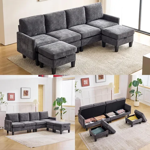 Vista 16 de VINGLI Sofá modular de 110 pulgadas para sala de estar, sofá en forma de U con diván doble, juego de sofá de 4 asientos con tela de felpilla