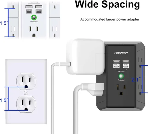 Vista 6 de POWERIVER - Extensor de sobretensiones multitoma de corriente con 5 salidas de CA y 4 puertos USB (2 USB C), 1,680 julios, divisor de salida