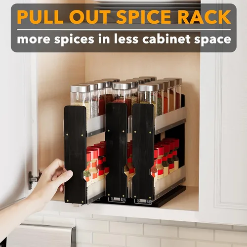 Vista 5 de SpaceAid Organizador de especias extraíble de bambú para gabinete, organizador de condimentos deslizante y resistente para despensa de cocina