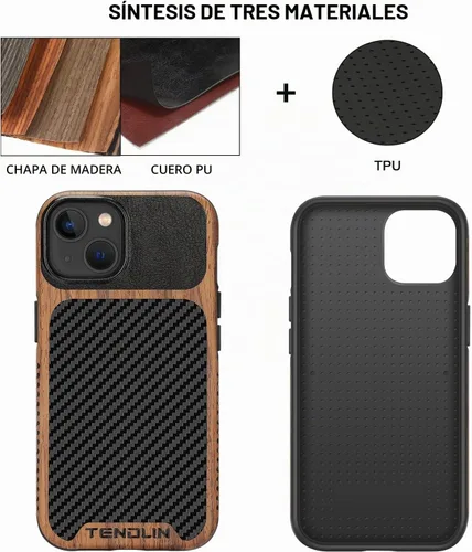 Vista 2 de TENDLIN Compatible con Funda para iPhone 14 de Grano de Madera con Diseño de Textura de Fibra de Carbono, Funda Híbrida de Cuero delgada Negra Negro