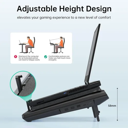 Vista 6 de llano Enfriador de laptop para videojuegos, soporte de almohadilla de refrigeración para laptop V12 con ventilador de 5.5 pulgadas, enfriamiento