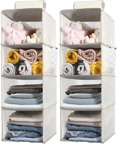 Vista 14 de 2 Packs Hanging Closet Organizer Storage, 3-Shelf Hanging Shelves for Closet, Closet Clothes Organizer and Storage with Side Pocket, Beige