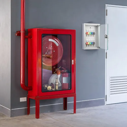 Vista 2 de Barska Caja con cerradura de llave con puerta de cristal, organizador de gabinete de llaves de acero para montaje en pared con ganchos etiquetados