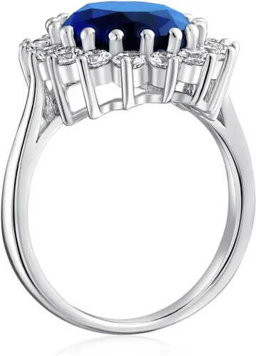 Vista 31 de Anillo de compromiso de plata de ley 925 personalizable con halo de corona ovalada de 5 a 7 quilates con circonita cúbica simulada de zafiro azul