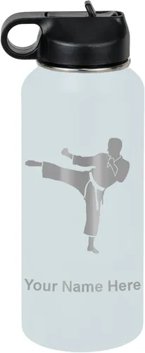 Vista 13 de Botella de agua personalizada LaserGram, Karate Man, de acero inoxidable con aislamiento al vacío de doble pared con tapa abatible, regalo grabado