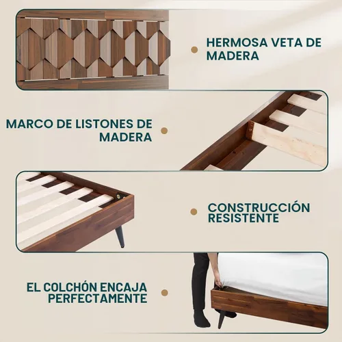 Vista 6 de Bme Georgina - Marco de cama tamaño Queen con cabecero y diseño geométrico artesanal distintivo, diseño con patente estadounidense pendiente, madera