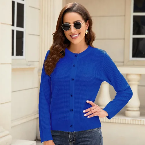Vista 3 de Women's Crew Neck Button Down Long Sleeve Solid Knit Classic Cardigan Sweater