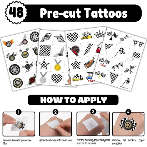 Vista 7 de Juego de 72 piezas de bandera a cuadros, 48 tatuajes temporales y 24 pulseras de palmada, suministros de cumpleaños temáticos de carreras, regalos