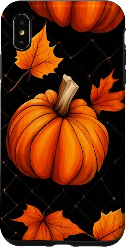 Vista 7 de iPhone 14 calabazas negro y naranja cuadros otoño hojas otoño Halloween caso
