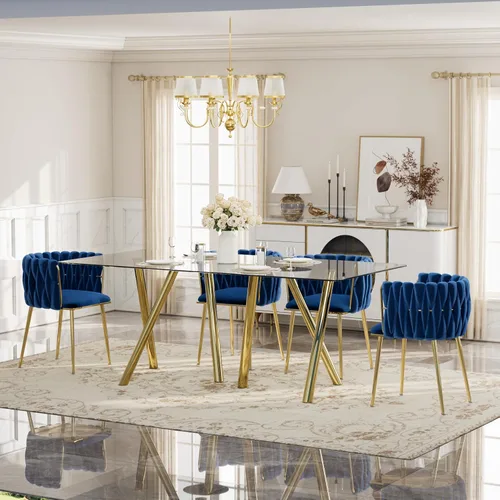 Vista 9 de Glam Style - Juego de mesa de comedor de 5 piezas para 4, mesa de comedor rectangular de vidrio templado de 51 pulgadas con base de metal dorado