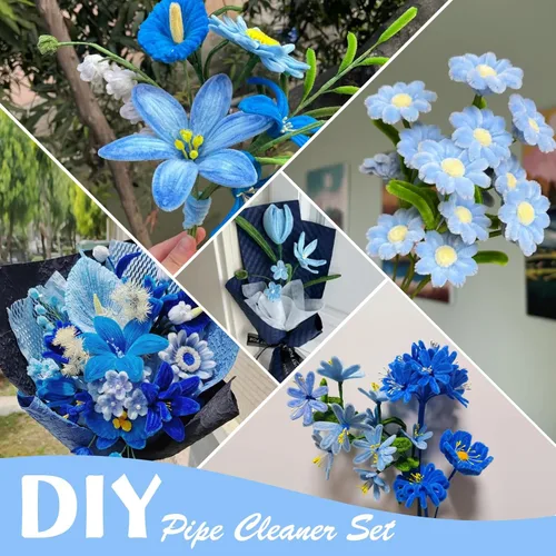 Vista 6 de URSDIART 311 piezas de limpiapipas azules para manualidades - Kit de fabricación de flores de tallos de felpilla, alambre grueso y esponjoso