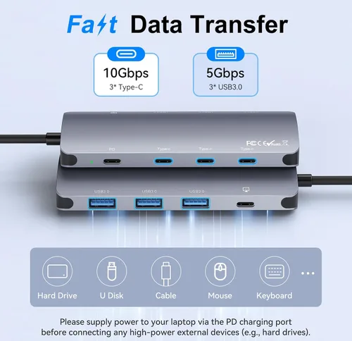 Vista 4 de Hub USB C de 10 Gbps, divisor USB C con salida de video 4K a 60 Hz, carga PD de 100 W, transferencia de datos, extensor adaptador USB 4 multipuerto