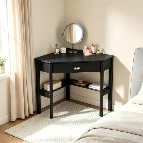 Vista 5 de Tangkula - Escritorio esquinero para computadora, mesa compacta de madera Negro