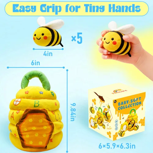 Vista 6 de Juguetes para bebés de 6 a 12 meses, juguetes Montessori de colmena para niños de 1 año con 5 abejas sensoriales de peluche, arrugados, sonajeros