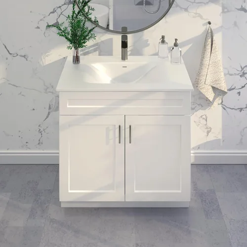 Vista 3 de La Royal Mueble de baño con base de coctelera blanca lista para montar, 36 pulgadas de ancho