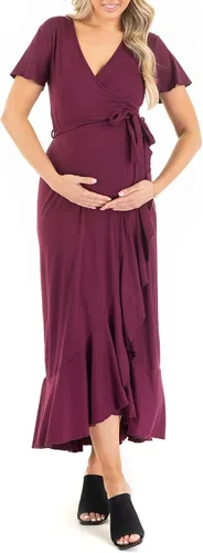 Vista 2 de Mother Bee Maternity Vestido de manga de mariposa con volantes y cinturón ajustable