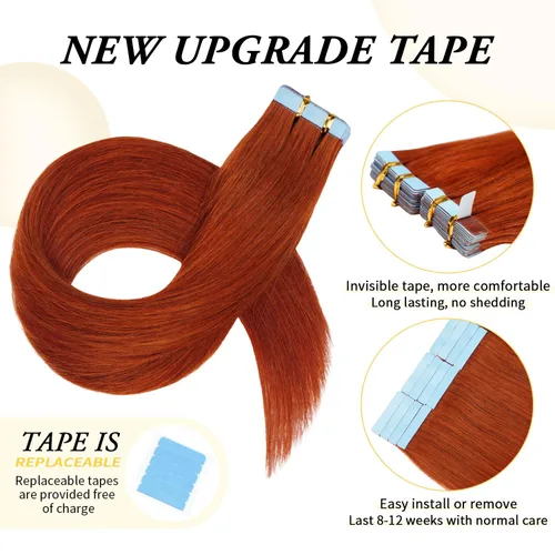 Vista 4 de Extensiones de cabello humano con cinta adhesiva de 16 pulgadas, color rojo cobre #350, trama invisible, color liso #350, 20 unidades, 16 pulgadas