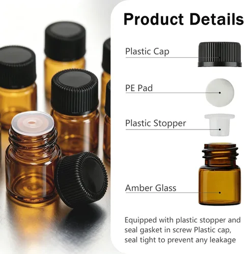 Vista 4 de 100 mini botellas de vidrio ámbar de 0.0 fl oz (1/4 de dram) de 1 cc, frasco de ámbar pequeño, botella de muestra líquida de perfume de aceite