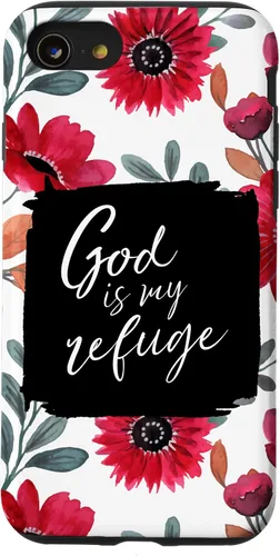 Vista 18 de God is My Refuge - Carcasa para iPhone 16, diseño de flores rojas con versículo bíblico del Salmo 91