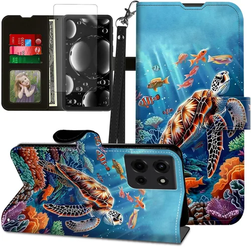 Vista 364 de Funda para Motorola Edge 2022 con protector de pantalla, soporte y tarjetero y correa para la muñeca, funda magnética para Moto Edge 2022 5G UW Lobo