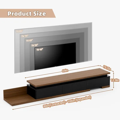 Vista 2 de Soporte de TV extensible con luces LED (80 a 106 pulgadas), consola de TV moderna con 3 cajones, centro de entretenimiento reversible de madera