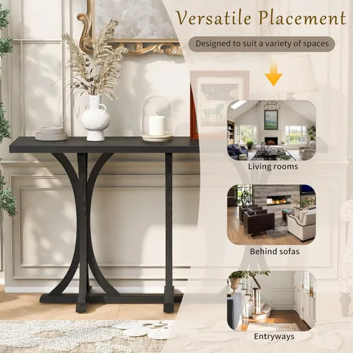 Vista 7 de Mesa de consola de madera de 152 cm con tapa de chapa de roble y patas curvadas delgadas de madera de goma, elegante mesa de sofá para sala