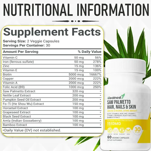 Vista 5 de Suplemento para el cuidado del cabello, las uñas y la piel con Saw Palmetto, biotina, Amla - 60 cápsulas vegetarianas sin OMG, sin gluten