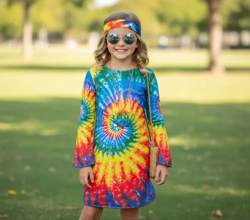 Vista 2 de Disfraz hippie para niñas, vestido colorido de los años 60 y 70, fiesta de Halloween, cosplay, 3 a 12 años