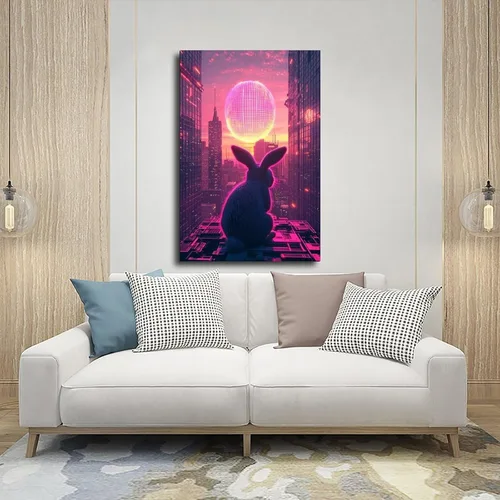 Vista 5 de Retro Futuristic Easter Wall Art – Neon Bunny with Cyber Egg – Synthwave 80s Sci-Fi Cityscape Poster – Unique Easter Decor & Gift for Vaporwave Fans