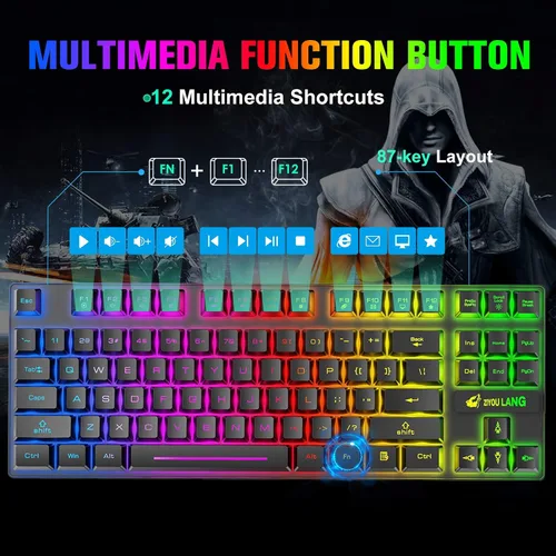 Vista 4 de Combo de teclado y mouse inalámbricos para juegos con retroiluminación LED arcoíris sin llave de 87 teclas, batería recargable de 3800 mAh, Negro