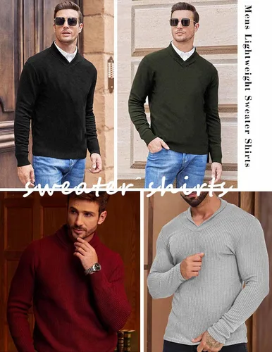 Vista 6 de ZAFUL Suéter con cuello en V para hombre, ligero, manga larga, tejido ajustado, suéter térmico