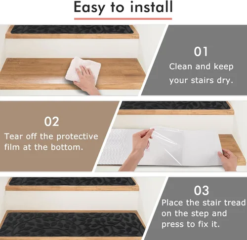 Vista 3 de Jaoul Alfombra antideslizante para peldaños de madera, para interiores, 8 x 30 pulgadas, 7 unidades, alfombra de seguridad antideslizante