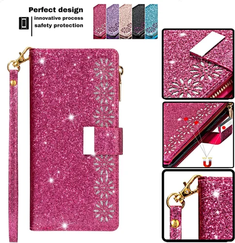 Vista 5 de Funda de teléfono para Huawei P30 Lite/Nova 4E con protector de pantalla de vidrio templado y correa para la muñeca Bling Glitter Flip Zipper