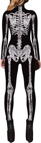 Vista 2 de Disfraz ajustado para mujer de esqueleto con estampado, catsuit para cosplay y Halloween - S/M