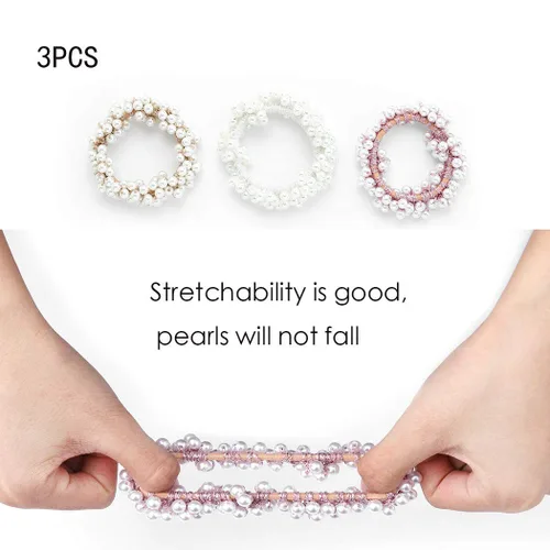 Vista 2 de 3 ligas para el cabello con perlas, color blanco, elásticas para el cabello, bandas elásticas para el cabello, accesorios para el cabello de boda