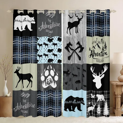 Vista 18 de Cortinas rústicas retro de cabaña, cortinas opacas de oso ciervo, 38 pulgadas de ancho x 45 pulgadas de largo, 2 paneles, cortinas de caza