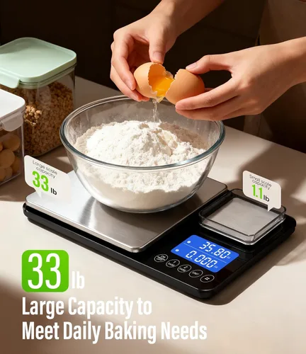 Vista 3 de Digital Dual Platform Kitchen Scale, 33 lb Large & 1.1 lb Mini Food Scale with Dual-Line LCD Display, Stainless Steel, High Precision for Baking