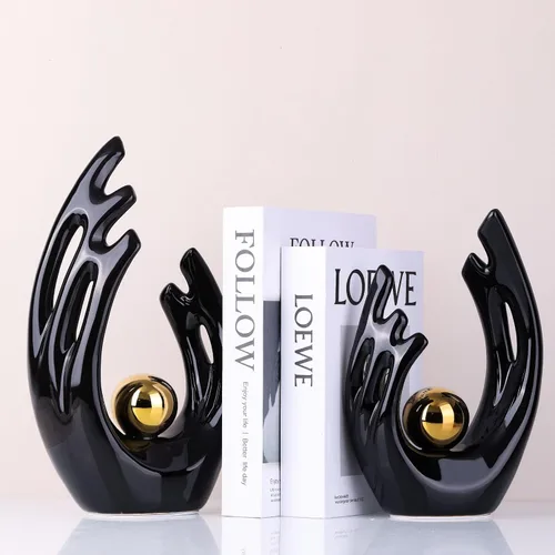 Vista 3 de XMGZQ Estatuas y esculturas de cerámica abstracta, estatuas de cerámica de arte negro y dorado, decoración moderna para el hogar, sala de estar